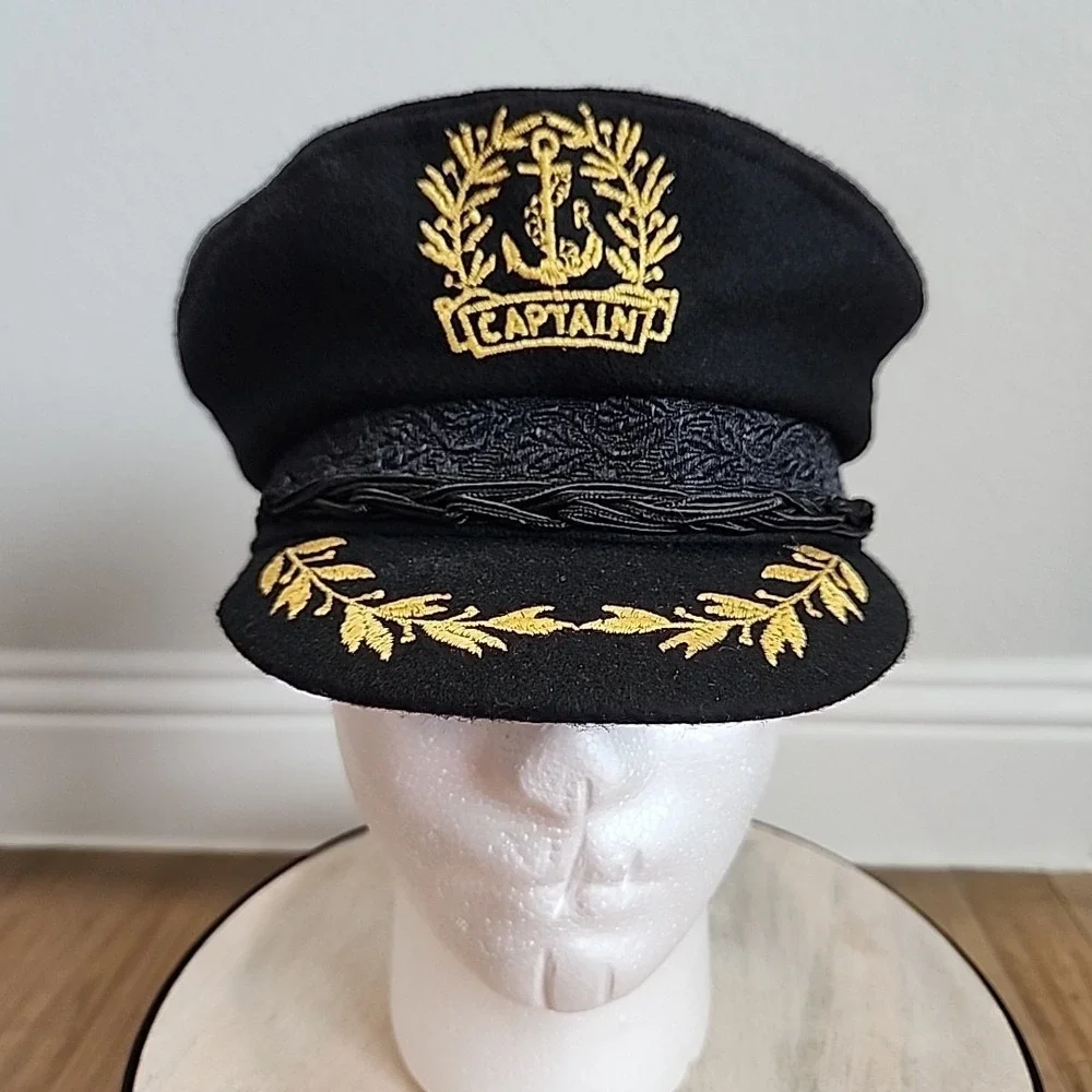 Vintage‎ RARE Aegean Greek Fishermans Captain Cap Black Wool Greece Costume Prop